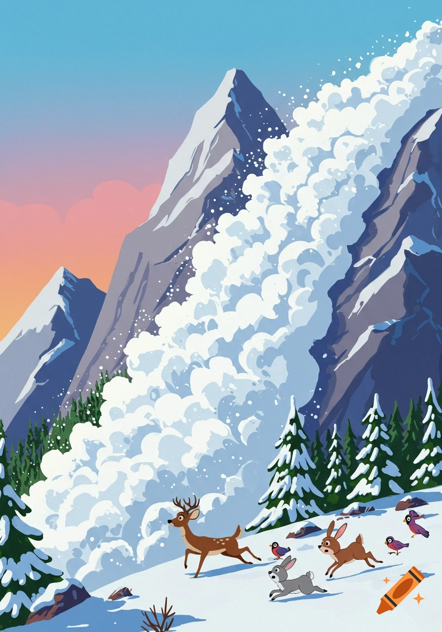 Cartoon illustration of a deer, rabbit, and birds running from an avalanche down a snowy mountain.