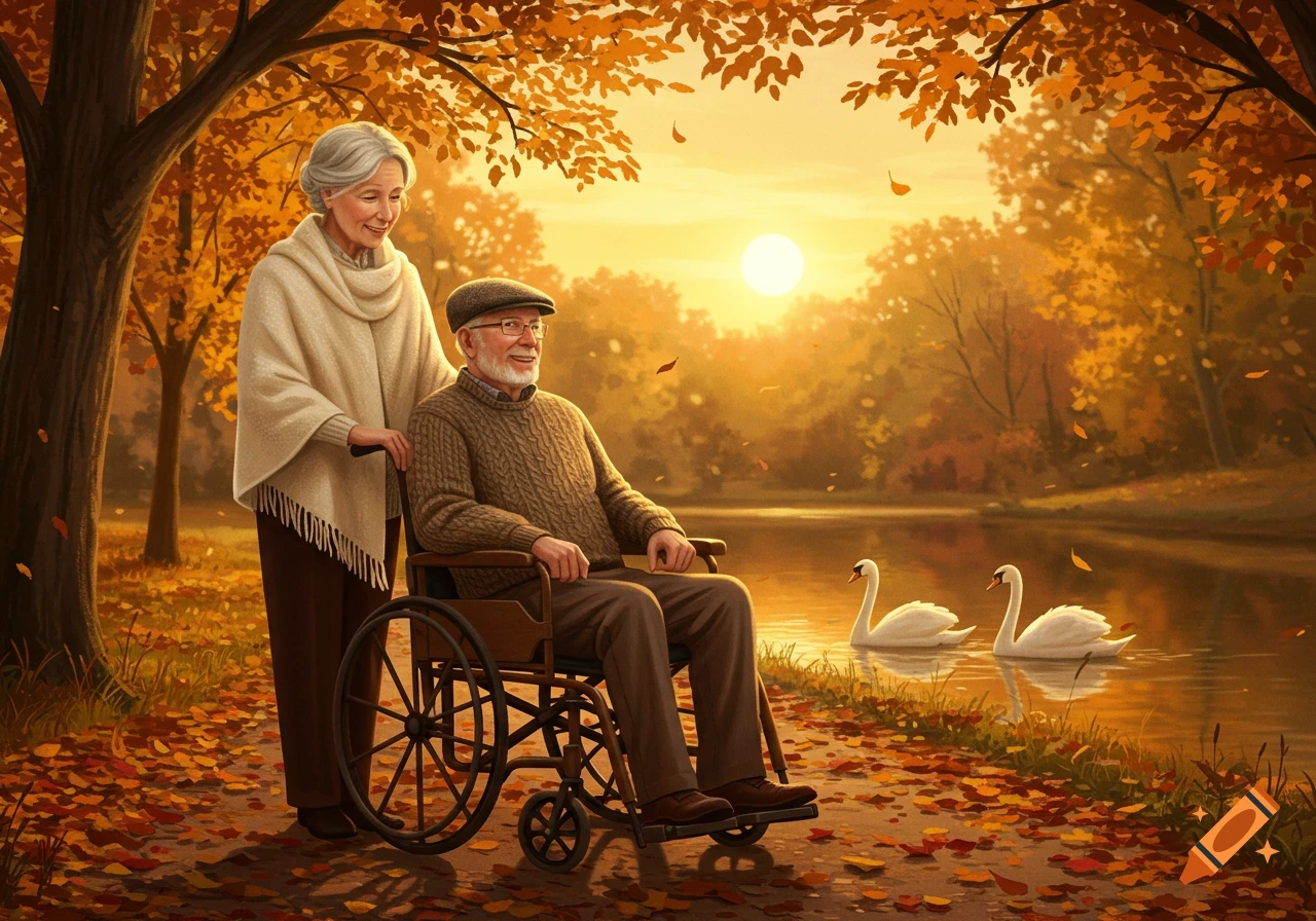 An elderly woman pushes a man in a wheelchair through an autumn park by a lake with swans at sunset, painted style.