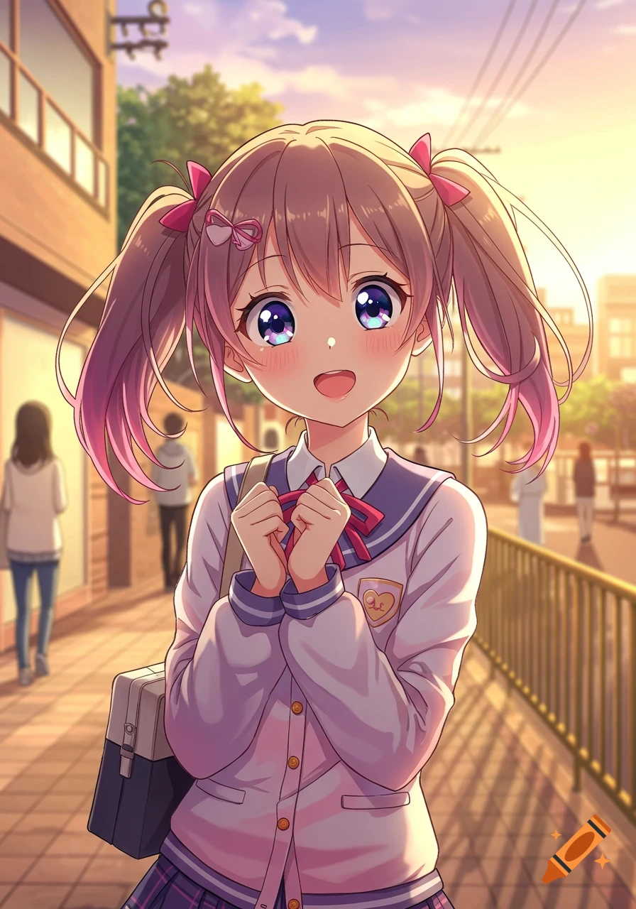A cute anime girl with brown pigtail ponytails with pink tips, wearing a white school uniform and a red bow, clasping her hands and smiling shyly on a sunny street.