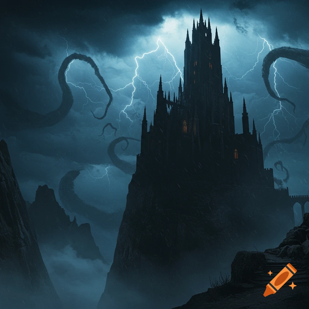 A foreboding gothic castle stands on a cliff under a stormy sky with lightning and dark tentacles.