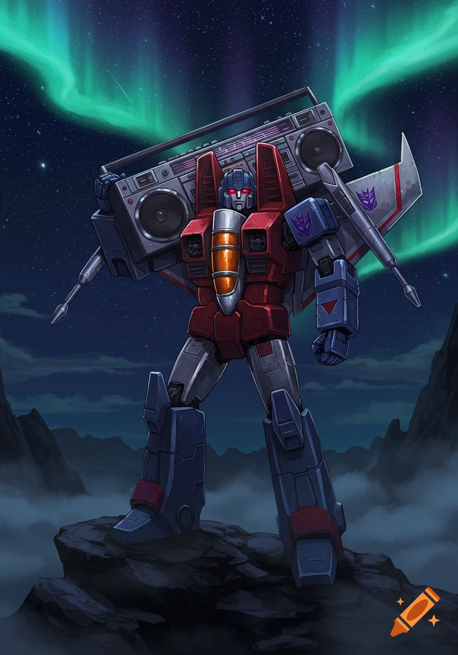 Starscream, a red and blue robot, stands on a rock holding a boombox under the aurora borealis.