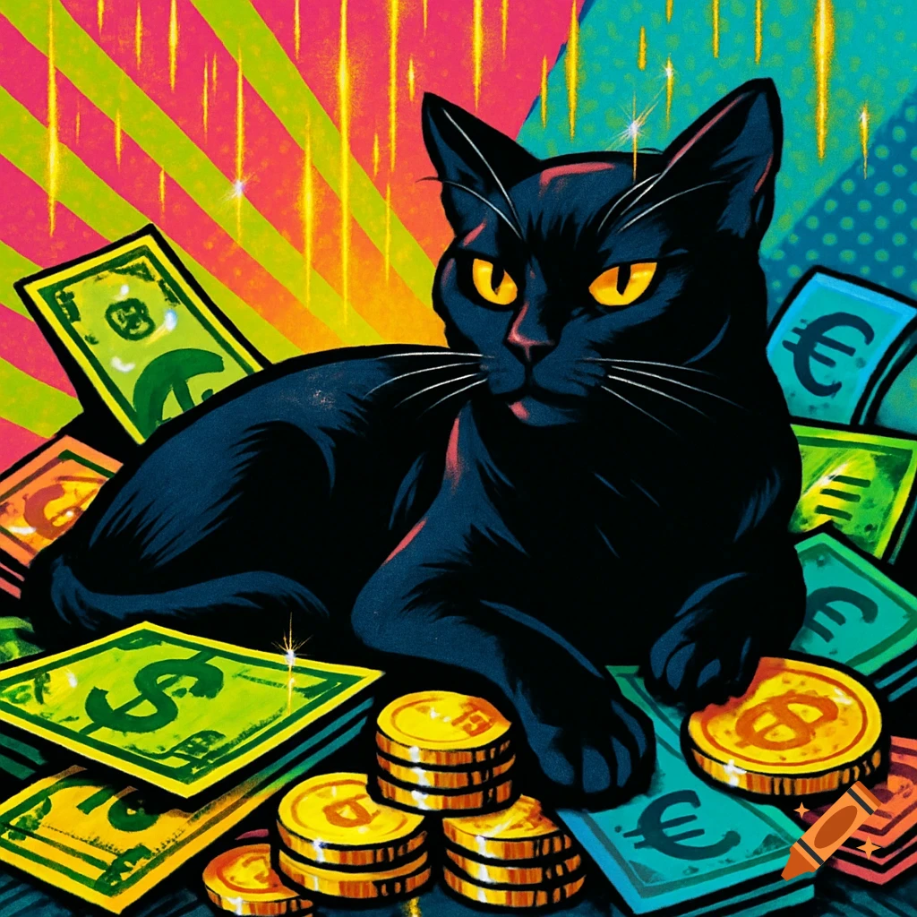 A pop-art illustration of a black cat with yellow eyes lying on stacks of bright banknotes and gold coins, with a vibrant striped background.