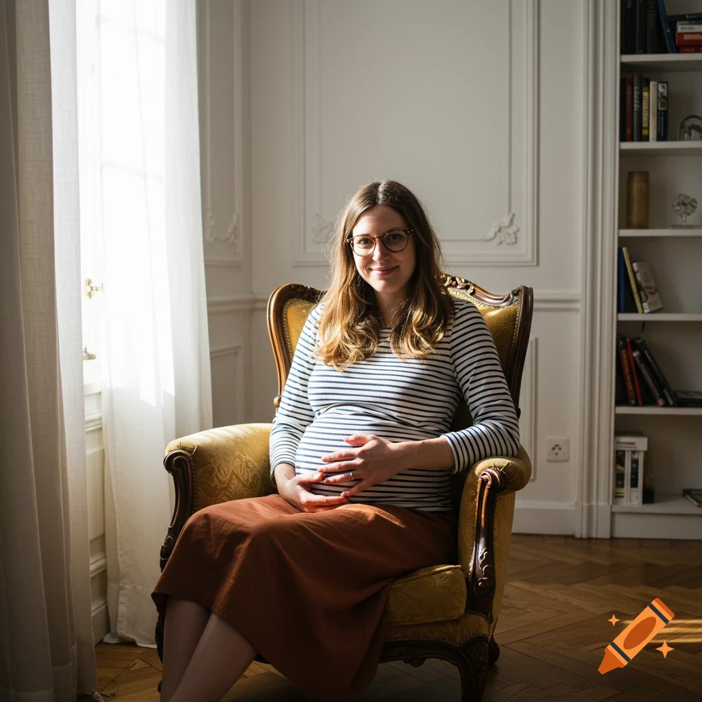A smiling pregnant woman with glasses sits in a yellow armchair, holding her belly, in a brightly lit room.