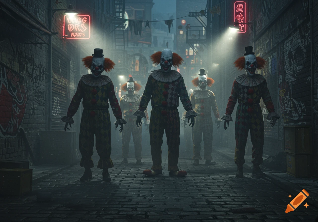 Several creepy clowns in harlequin outfits and top hats stand in a dark, foggy alley illuminated by neon signs, creating an eerie atmosphere.