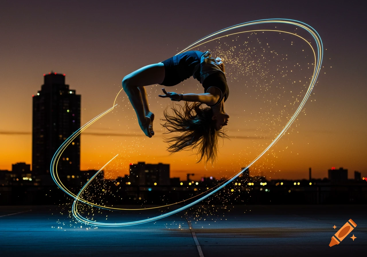 A person doing a backflip at dusk with glowing light trails and city buildings in the background.