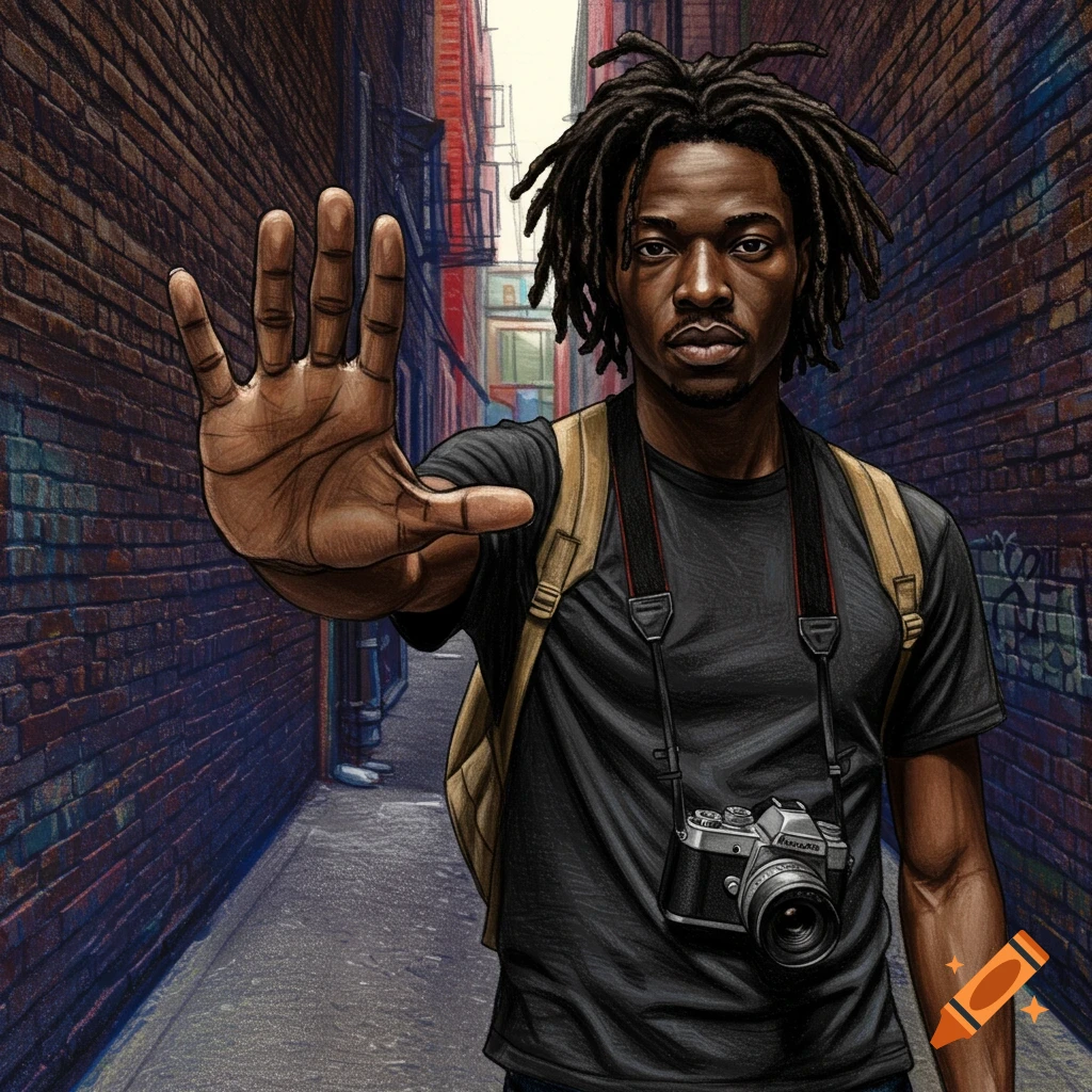 High-contrast color pencil sketch of a Black man with dreadlocks, wearing a backpack and camera, holding his palm out in a dark alley.