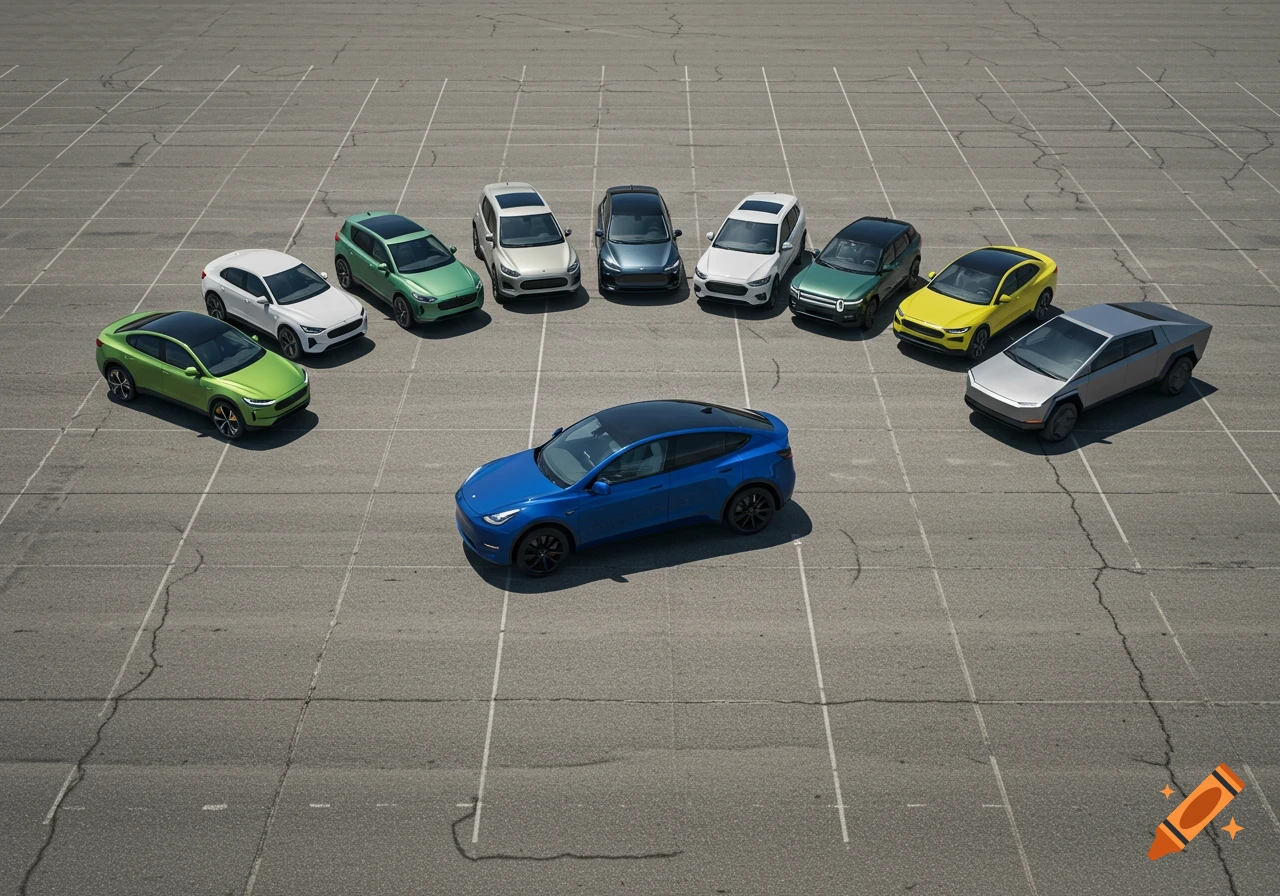 Ten diverse electric cars, including a blue Tesla Model Y, in a semi-circle on a paved parking lot, viewed from above.