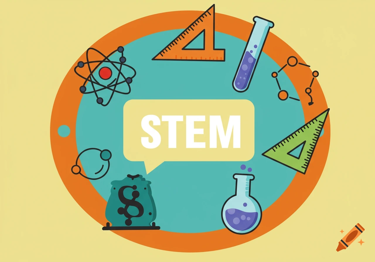 Colorful illustration of STEM concepts, featuring an atom, test tube, rulers, and money bag surrounding the word STEM.