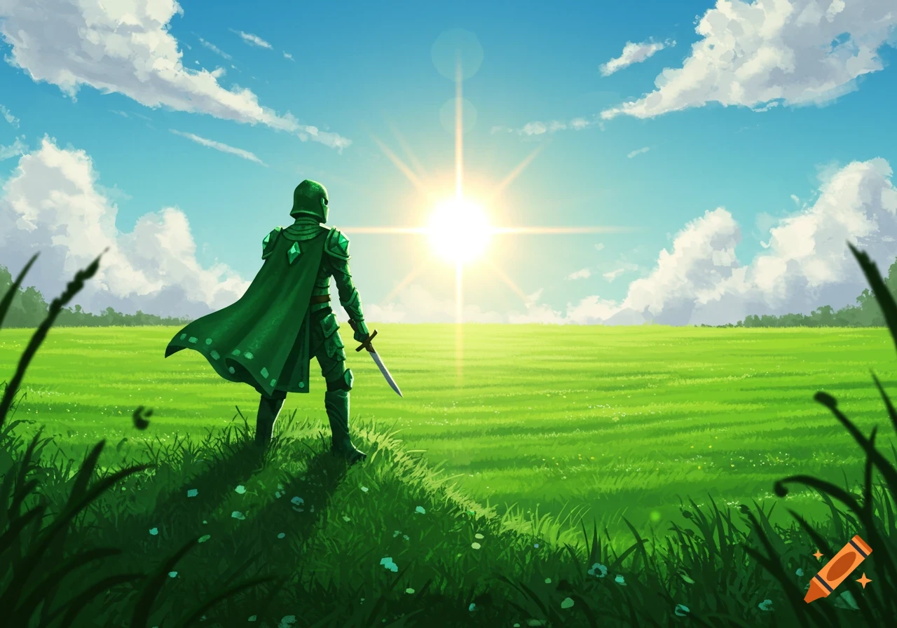 An armored knight in green stands on a grassy hill, looking towards a bright sun over a vast green field under a blue sky.
