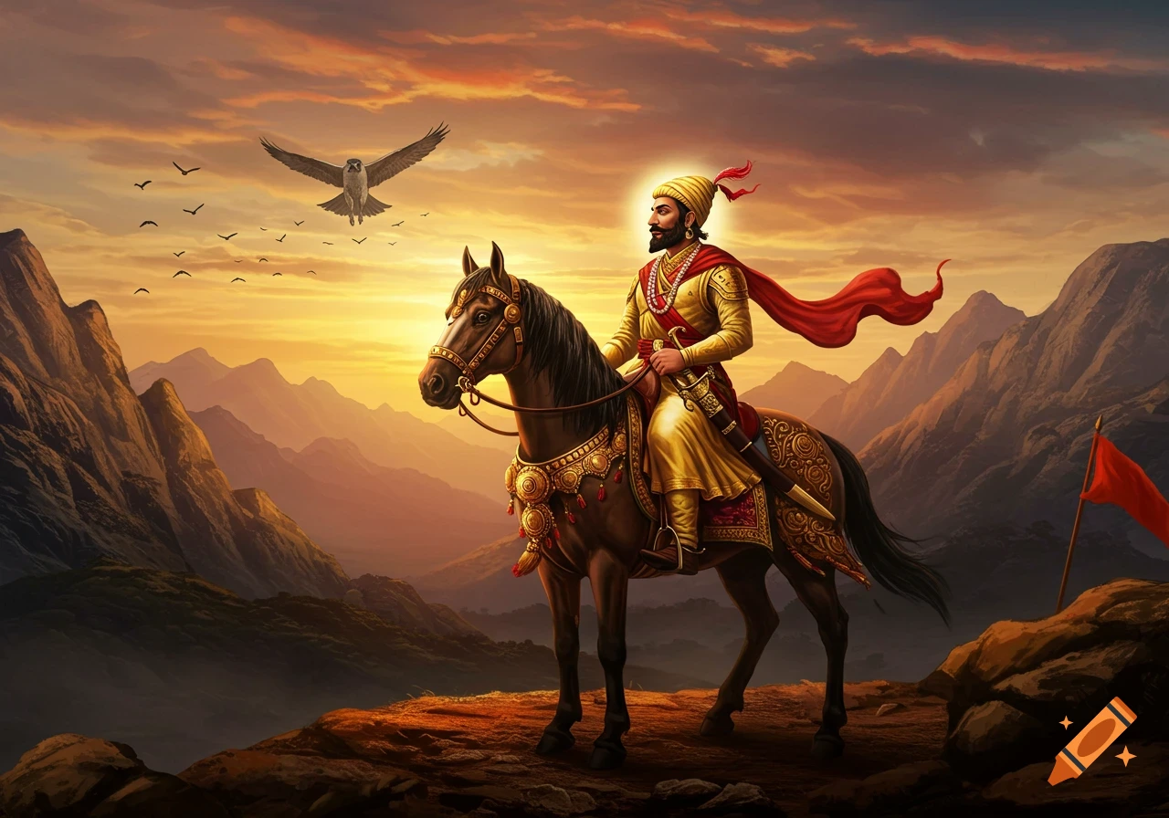 A regal king in golden attire on a decorated brown horse stands on a rocky mountain peak at sunset, with a falcon flying overhead.