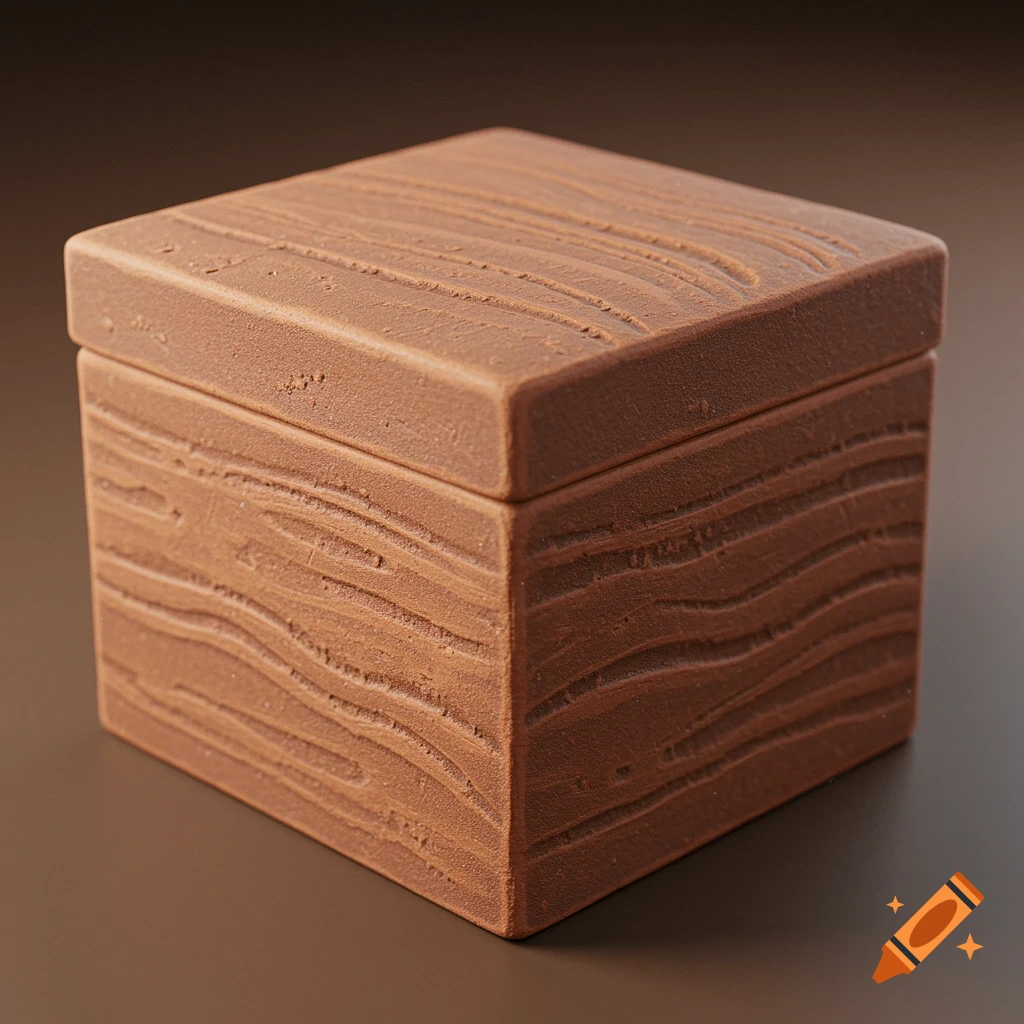 A reddish-brown square clay box with a textured surface and a lid, on a brown background.