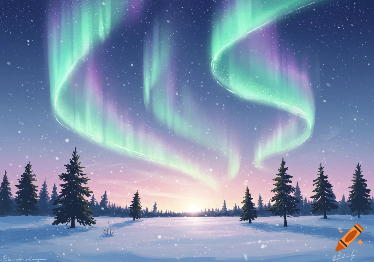 Green and purple aurora borealis over a snowy landscape with pine trees and a colorful sunrise/sunset.