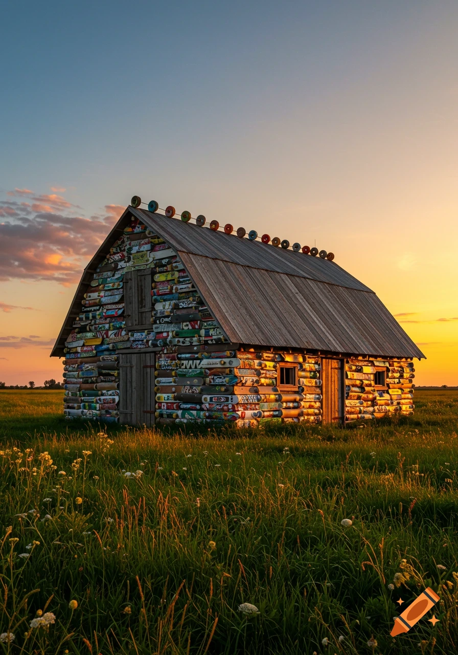 A unique barn built from colorful skateboard decks and wheels stands in a grassy field under a sunset sky.