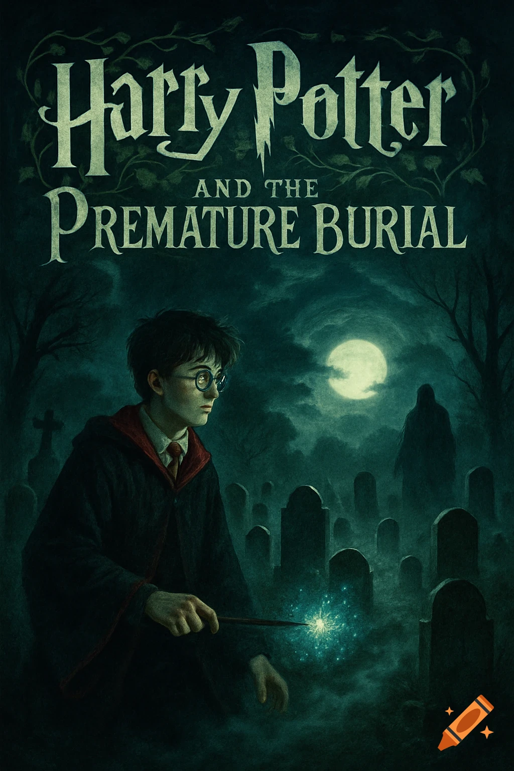 Harry Potter in a dark cemetery, holding a glowing wand, with a full moon and shadowy figure. Title: 'Harry Potter and the Premature Burial'.