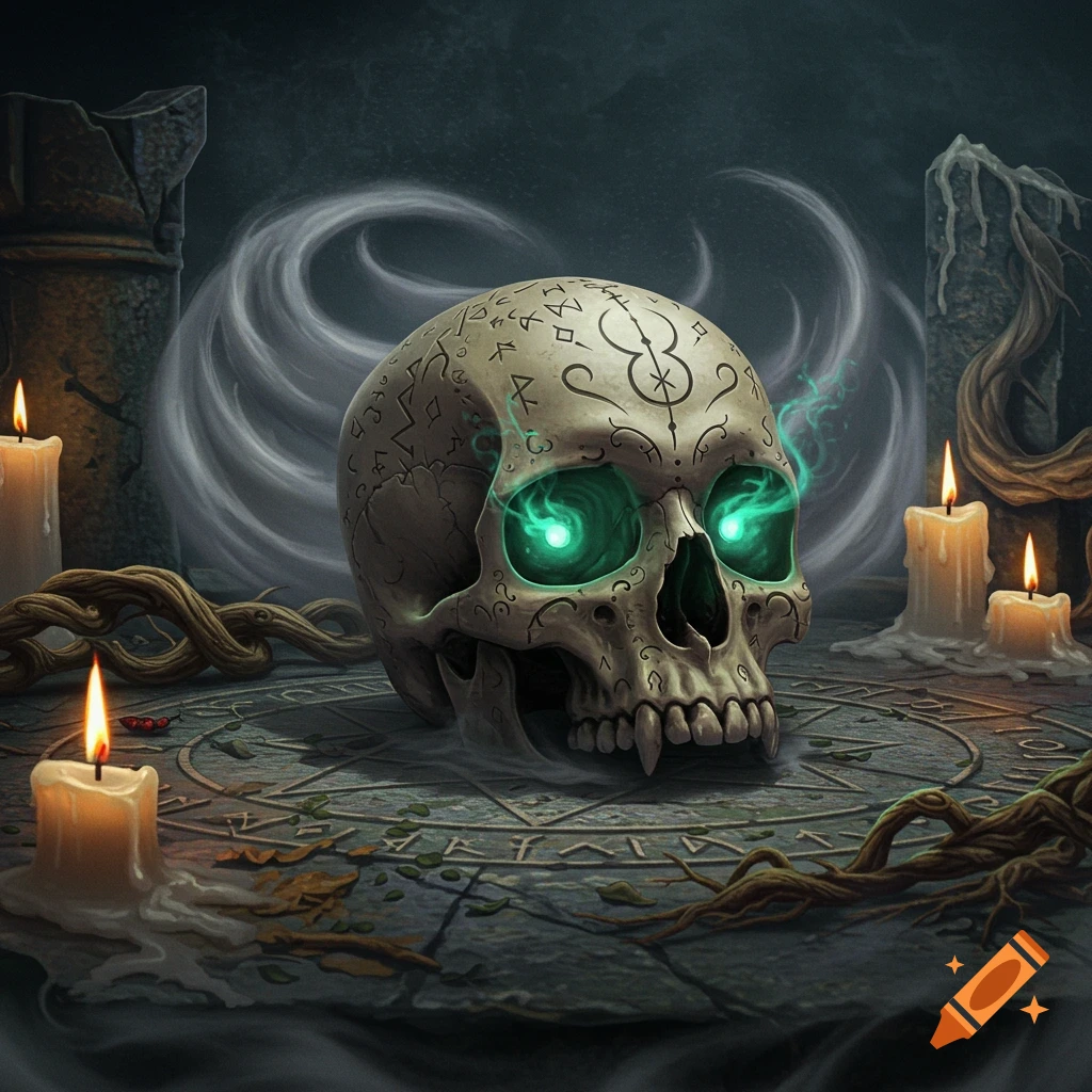 A mystical skull with glowing green eyes and arcane symbols sits on a stone floor surrounded by candles and smoke in a dark, ancient setting.