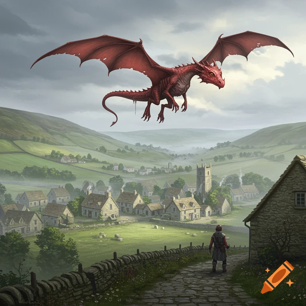 A large red dragon with torn wings flies over a quaint stone village nestled in green hills, a person looks up from a cobblestone path.