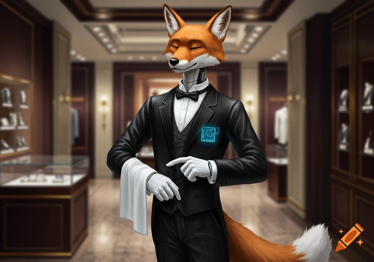 A robot fox butler in a black tuxedo and white gloves stands in a luxurious showroom, holding a towel.