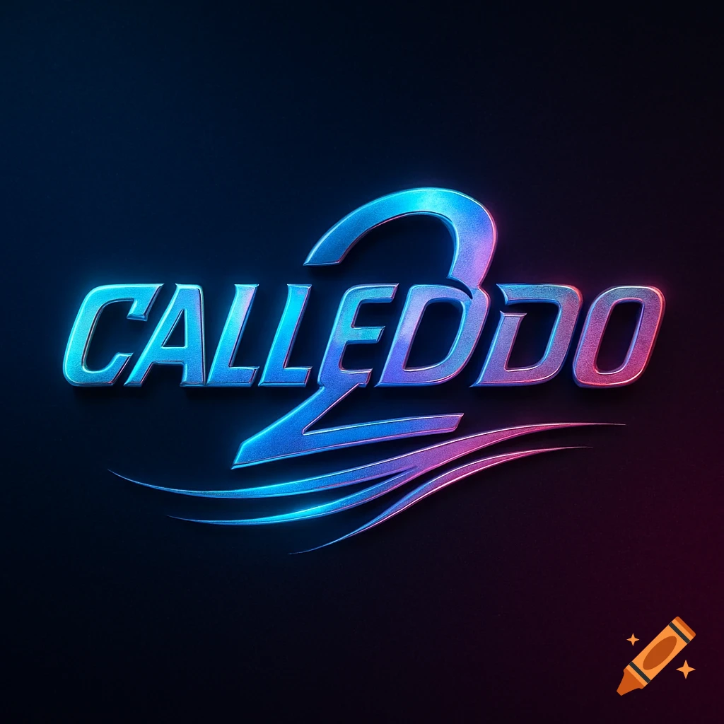A metallic blue and pink neon logo featuring the word "CALLEDDO" with a large number "2" integrated into the text, and stylized swooshes underneath, set against a dark background.