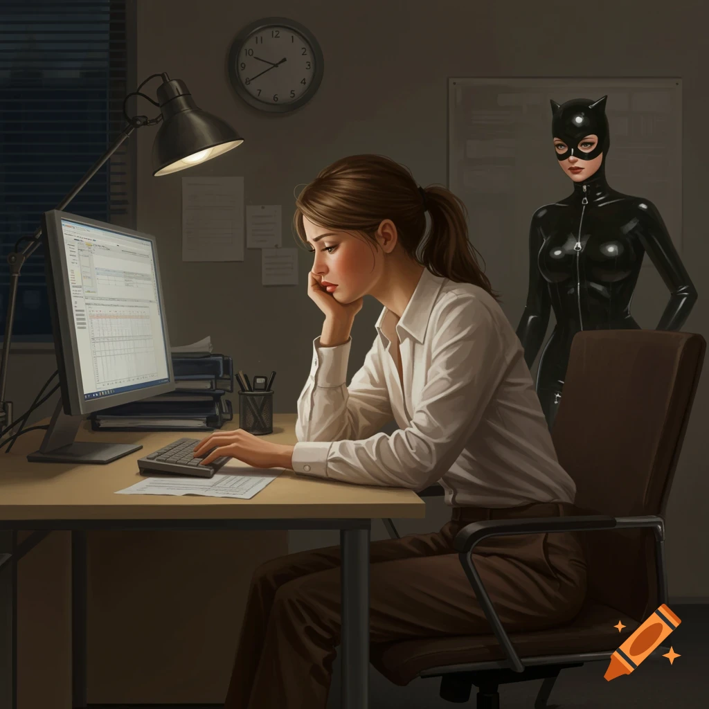A young woman works at a computer in a dimly lit office, with a figure resembling Catwoman standing behind her, in a photorealistic style.