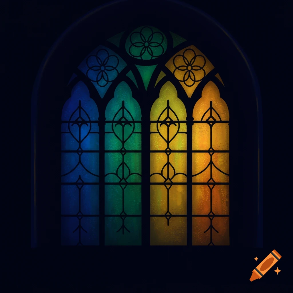An arched stained glass window with blue, green, yellow, and orange panels featuring intricate black leading patterns, set against a dark background.
