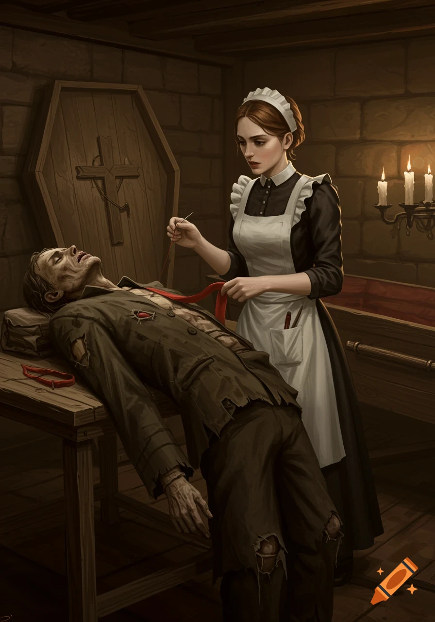 A maid in a gothic room tends to a pale, zombie-like man lying on a table next to a coffin, holding a needle and thread.