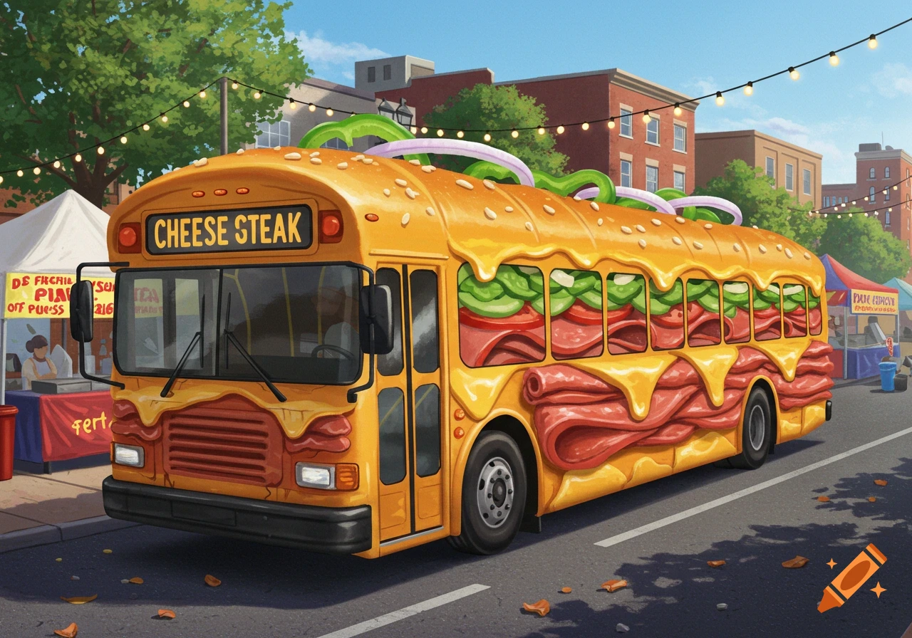 A school bus is transformed into a giant cheesesteak, driving on a sunny street with food stalls in the background, in an illustrative style.