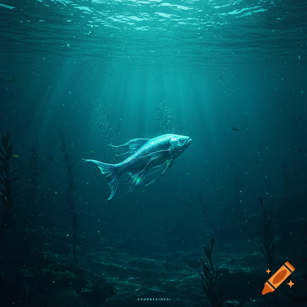 A majestic fish with long fins swims through the deep blue ocean, illuminated by light rays from above.