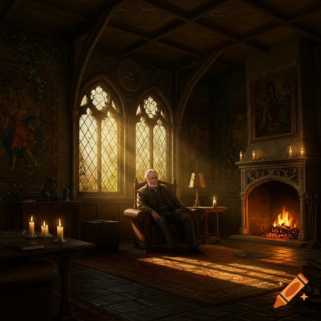 An old man sits in a large, ornate gothic room with sunlight streaming through arched windows and a fireplace burning.
