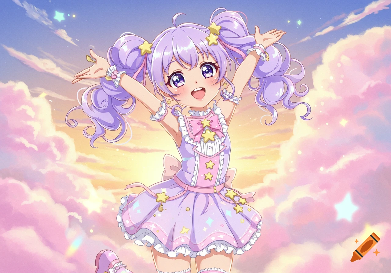 A cute anime girl with purple curly pigtails and a star-themed dress, happily raising her arms in a pastel sky filled with clouds and sparkling stars.