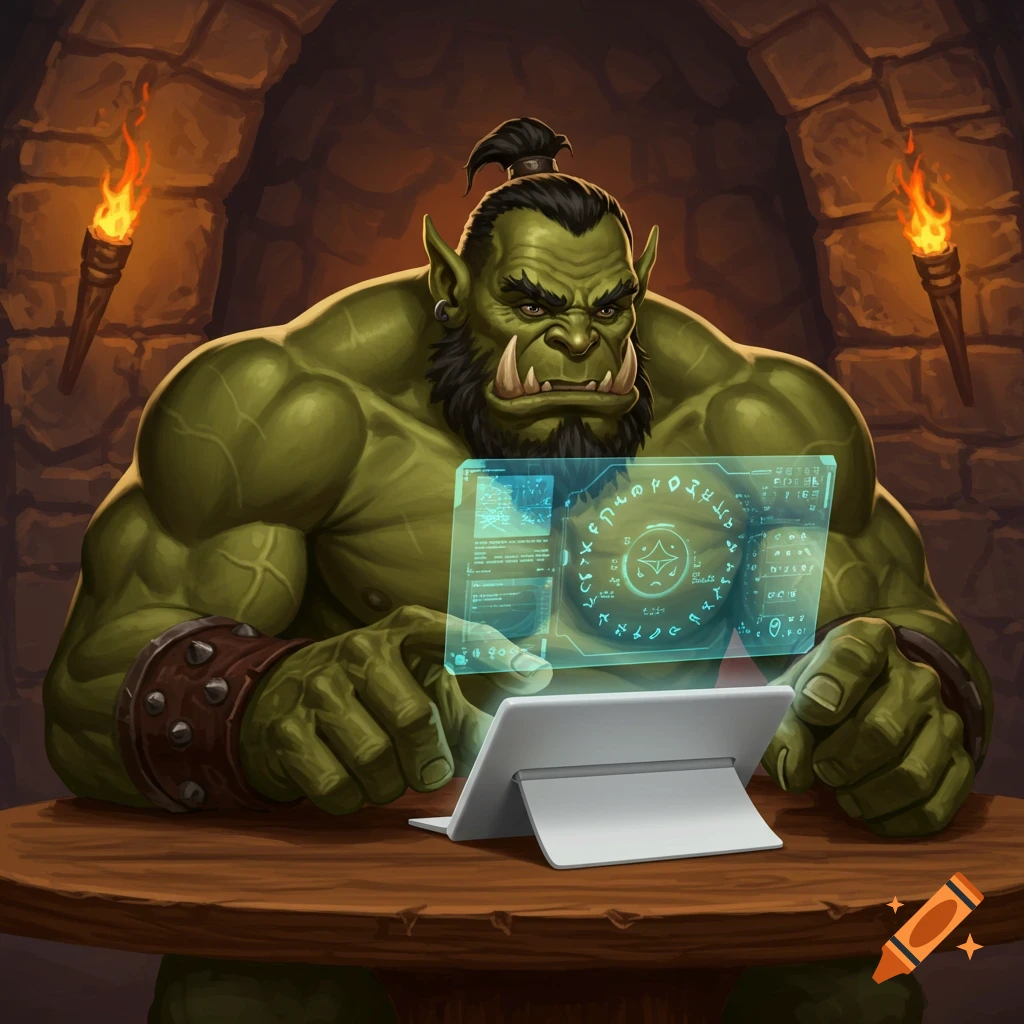 A muscular green orc with a topknot and beard sits at a wooden table, looking at a white tablet displaying a glowing blue holographic interface with arcane symbols and text. Torches light the stone room.