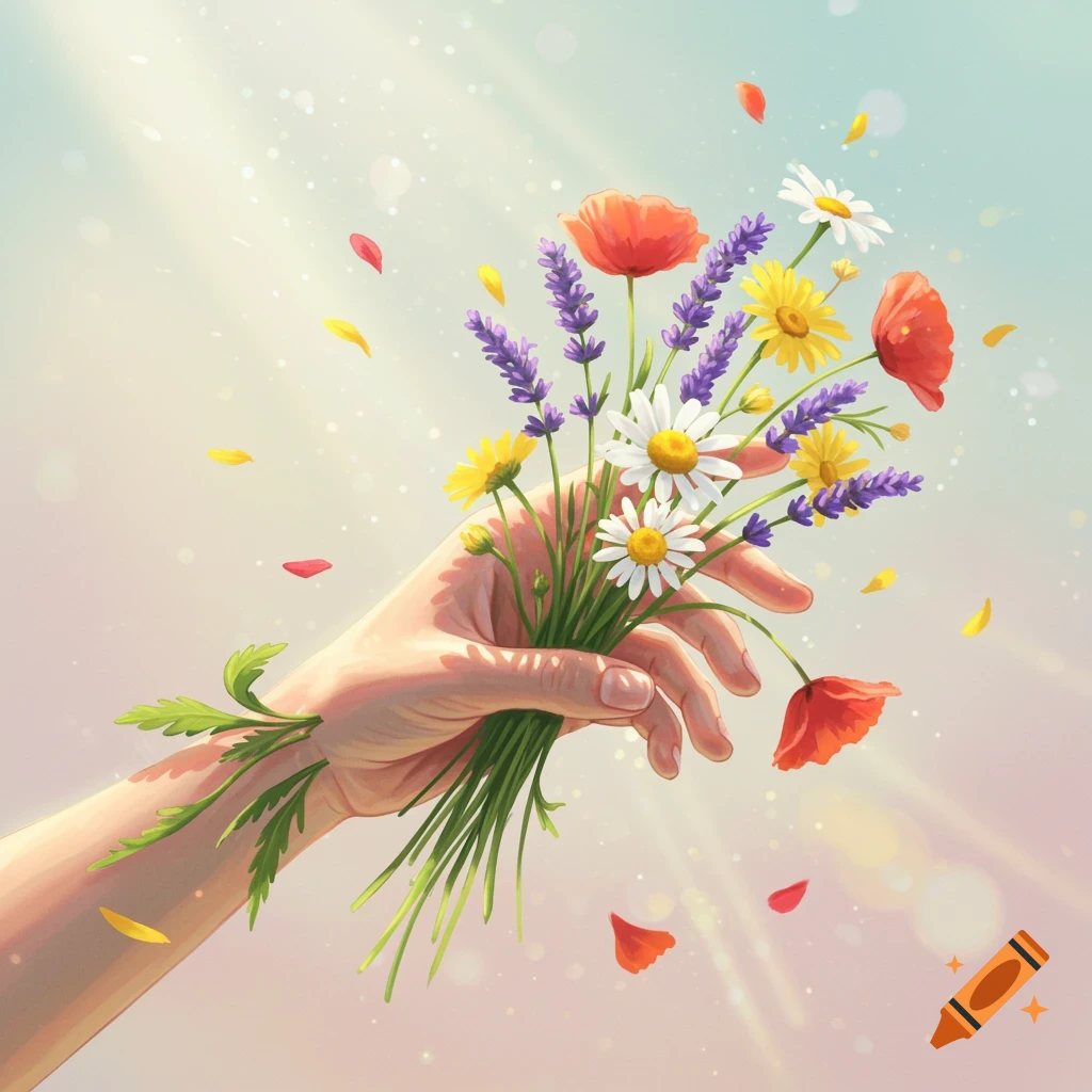 A hand holds a vibrant bouquet of poppies, daisies, lavender, and yellow flowers with petals gently falling in a sunny, illustrative style.