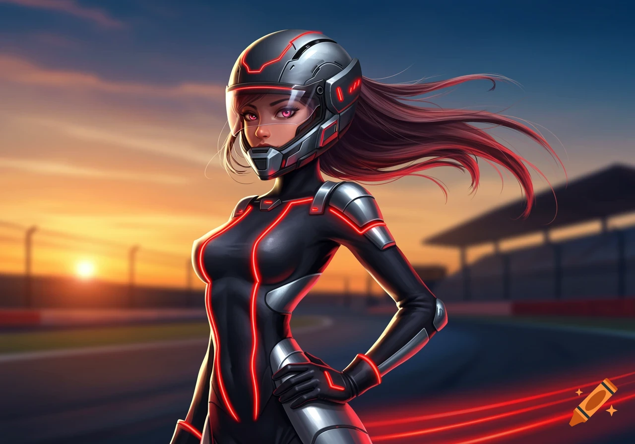 A stylized female racing character in a black suit with glowing red lines and a futuristic helmet, standing on a race track at sunset.