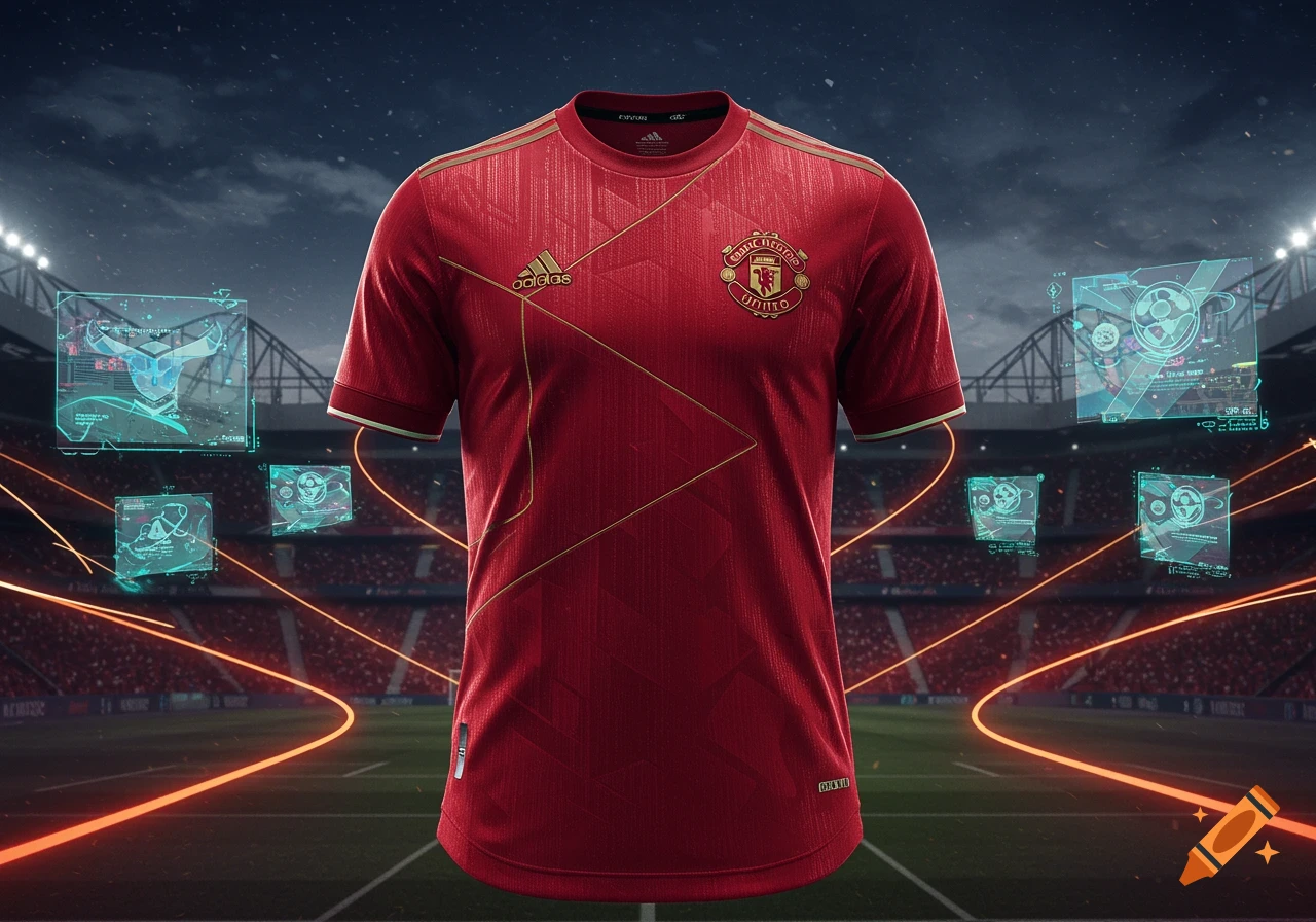 A red Manchester United future home kit with gold accents and geometric patterns, displayed in a stadium with holographic tech elements.