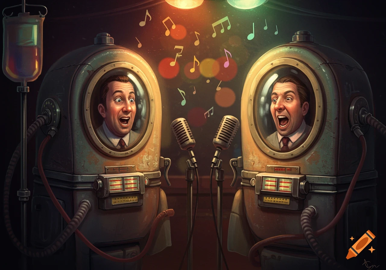 Two men with open mouths sing into microphones, their heads encased in retro-futuristic iron lung machines, with musical notes floating above them.