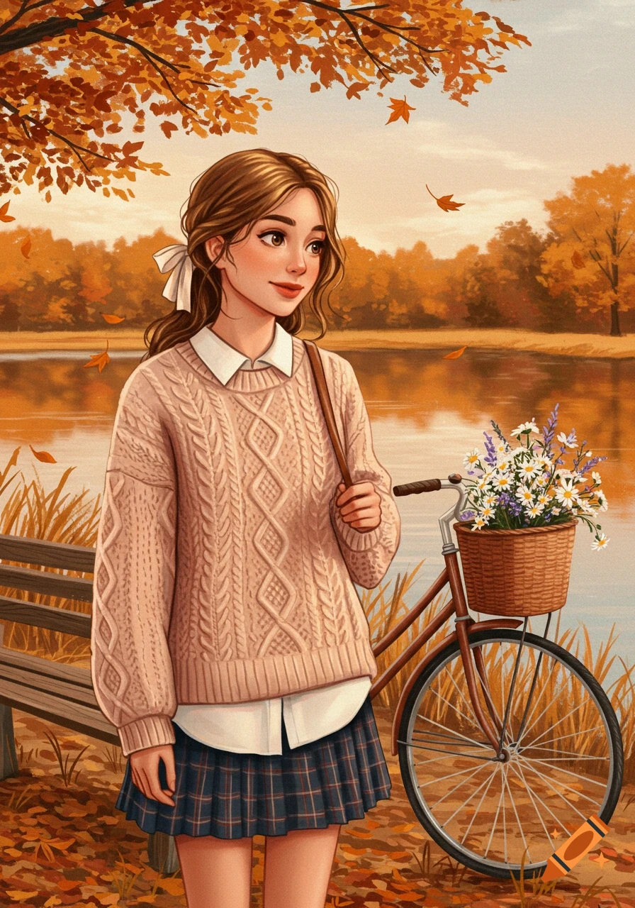 An illustrated preppy girl in a beige cable-knit sweater and plaid skirt stands by a lake in autumn, next to a bicycle with a flower basket.