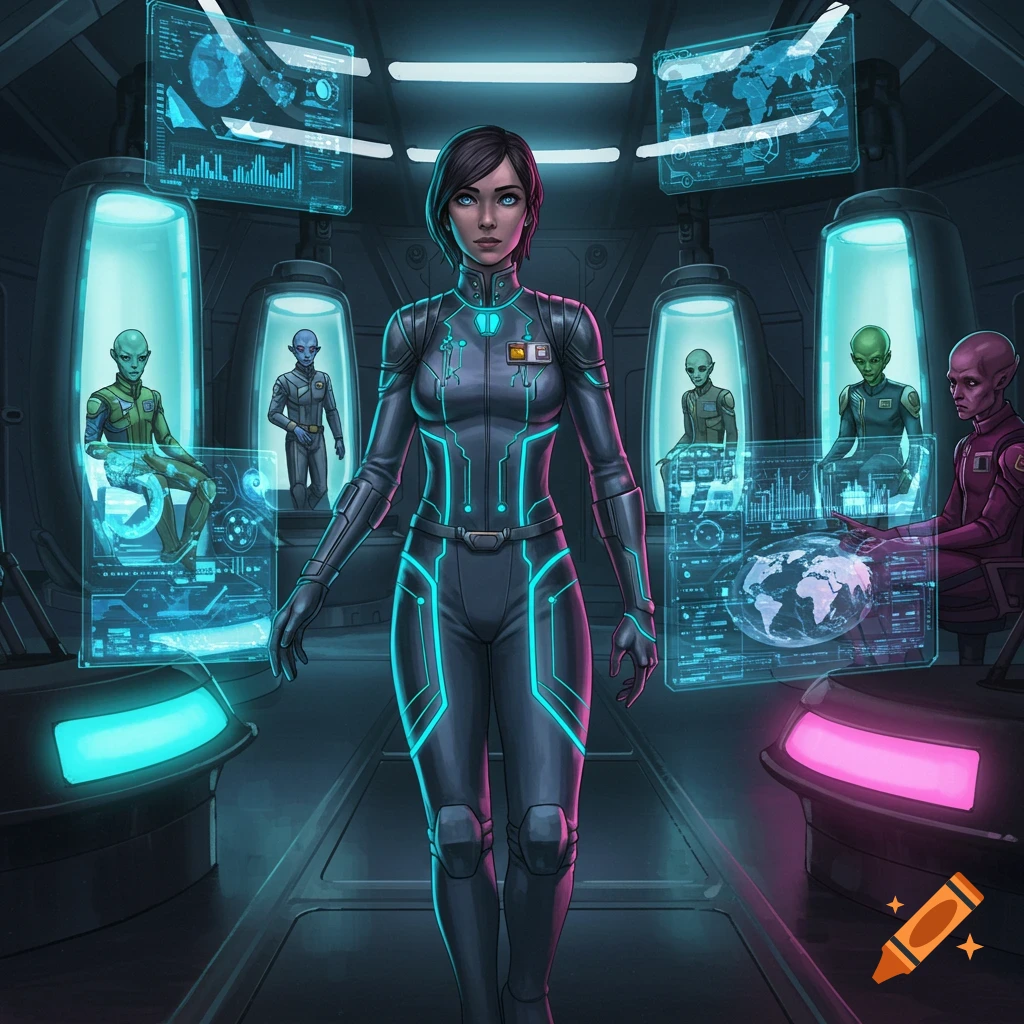 An anime style image of a woman in a dark grey sci-fi suit with neon blue lights in a futuristic control room, surrounded by aliens and holographic screens.