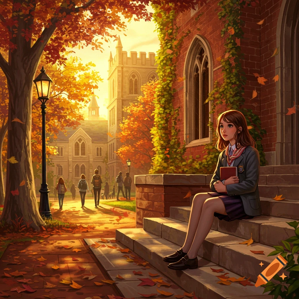 A brown-haired girl in a school uniform sits on steps holding a book at a university campus during autumn, with colorful trees and other students in the background.