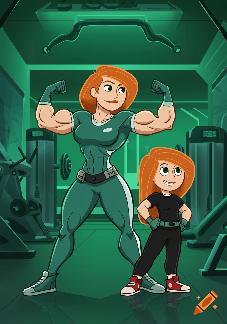 A cartoon of a muscular Kim Possible's mom flexing at the gym alongside a smiling Kim Possible.