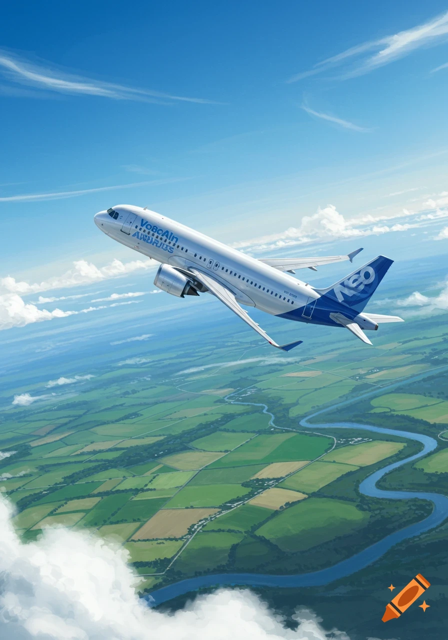 A white Airbus A321neo airplane flies high in a blue sky above green fields and a winding river.