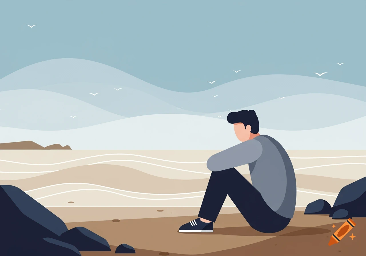 A stylized illustration of a person sitting on a sandy beach, looking out at the calm, wavy ocean and sky with birds.