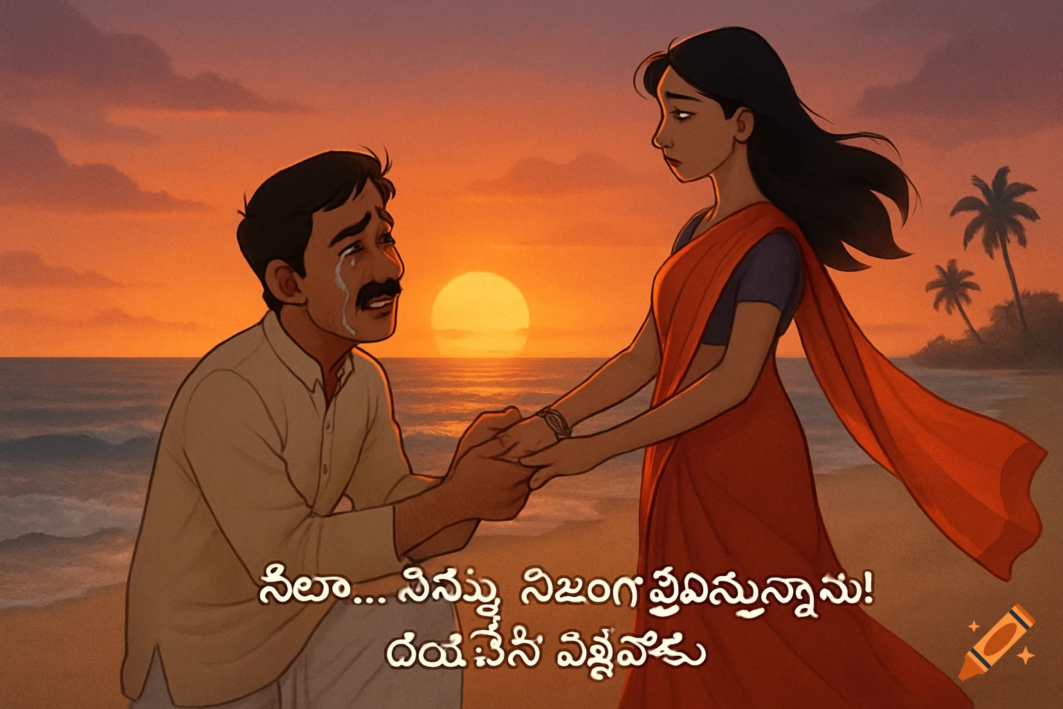 A man on one knee cries and holds a woman's hand on a beach at sunset, with Telugu text overlay, in a semi-realistic cartoon style.