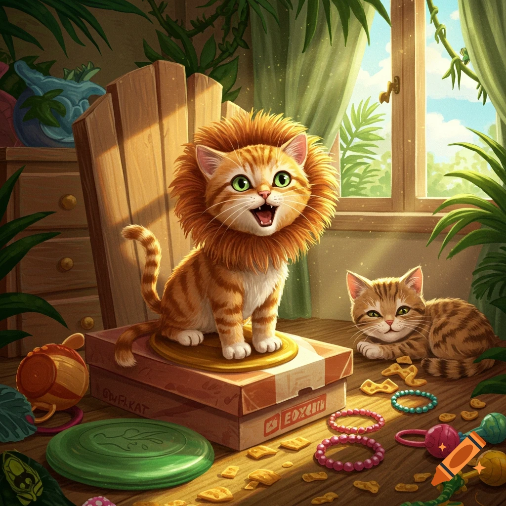 A cartoonish orange tabby kitten with a lion's mane sits on a box, roaring, next to another tabby kitten and toys in a sunny room.