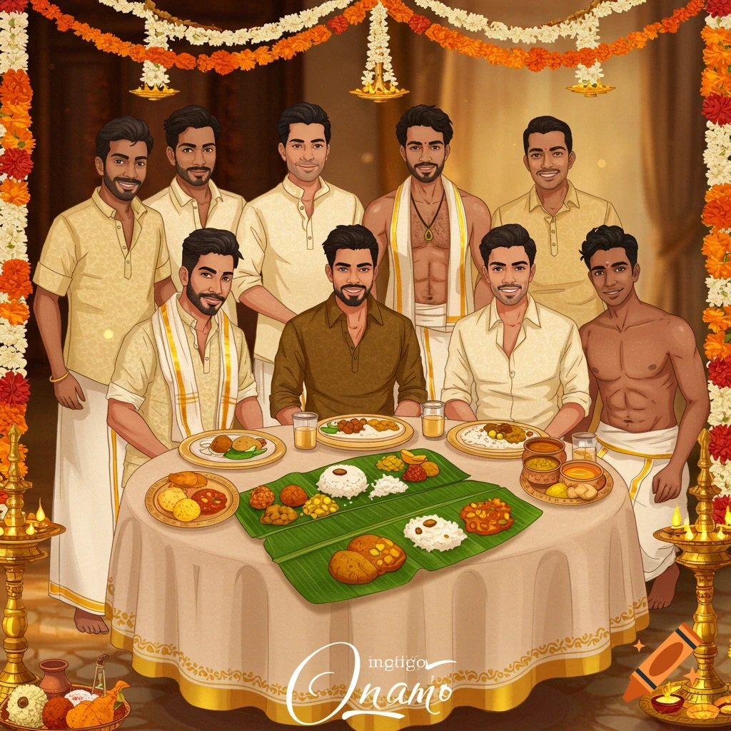 An artistic illustration of multiple South Asian men in traditional attire, gathered around a table with a festive Onam meal served on banana leaves, surrounded by floral decorations. The scene is in beige and gold tones.