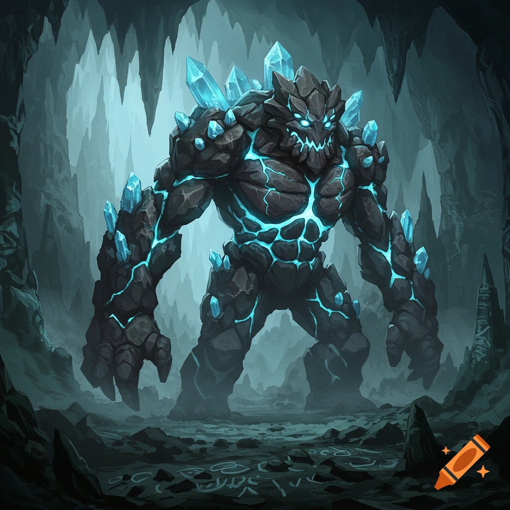 A large, dark rock elemental monster with glowing blue cracks and sharp blue crystals on its body stands in a dim, misty cave.