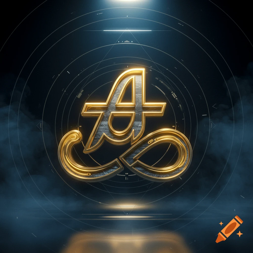 A stylized golden and dark metallic letter A combined with an infinity symbol, set against a dark, futuristic background with glowing lines and smoke.