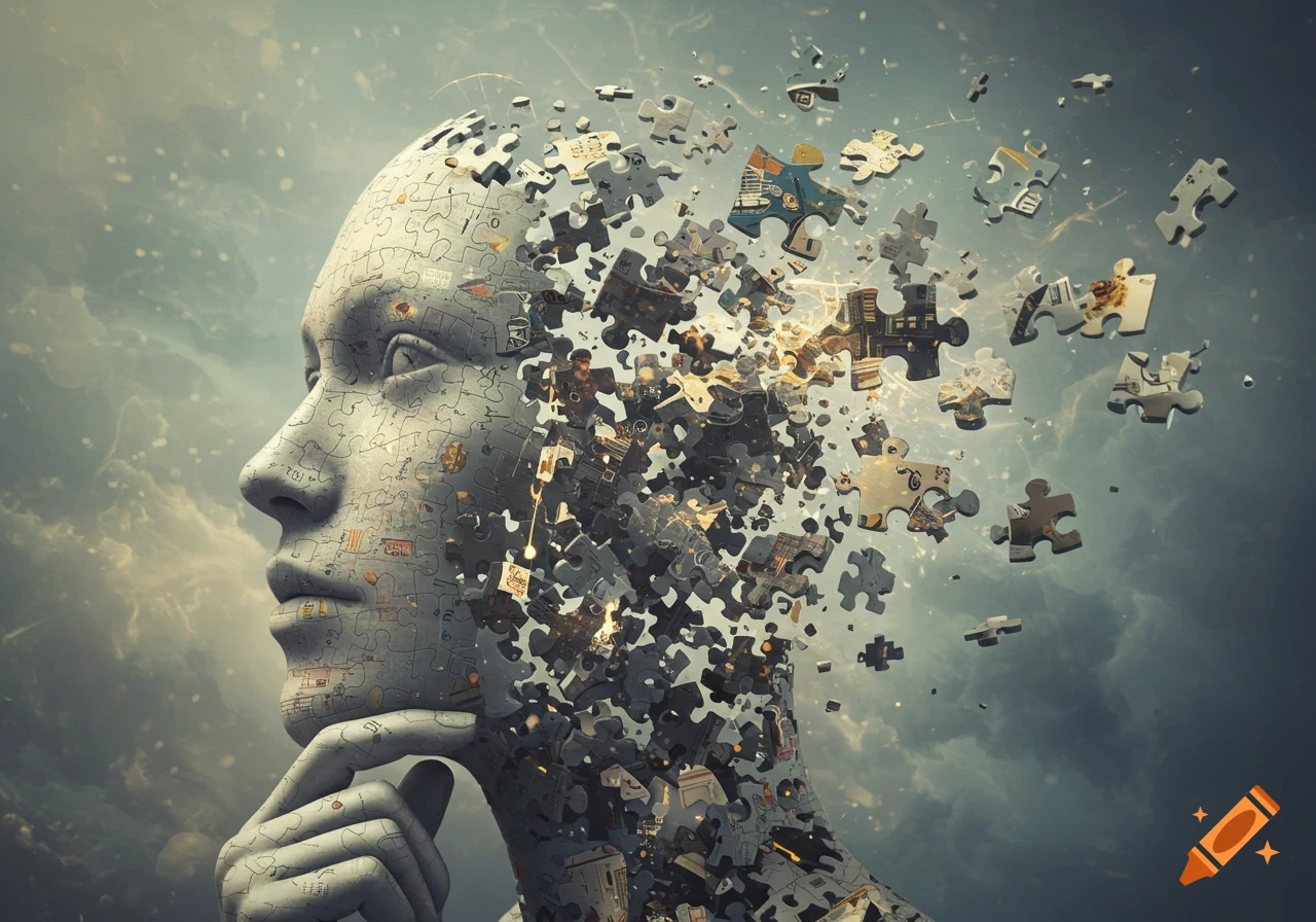 A stylized grey human head made of puzzle pieces, with parts disintegrating into scattered pieces against a cloudy sky, depicting thought or memory.