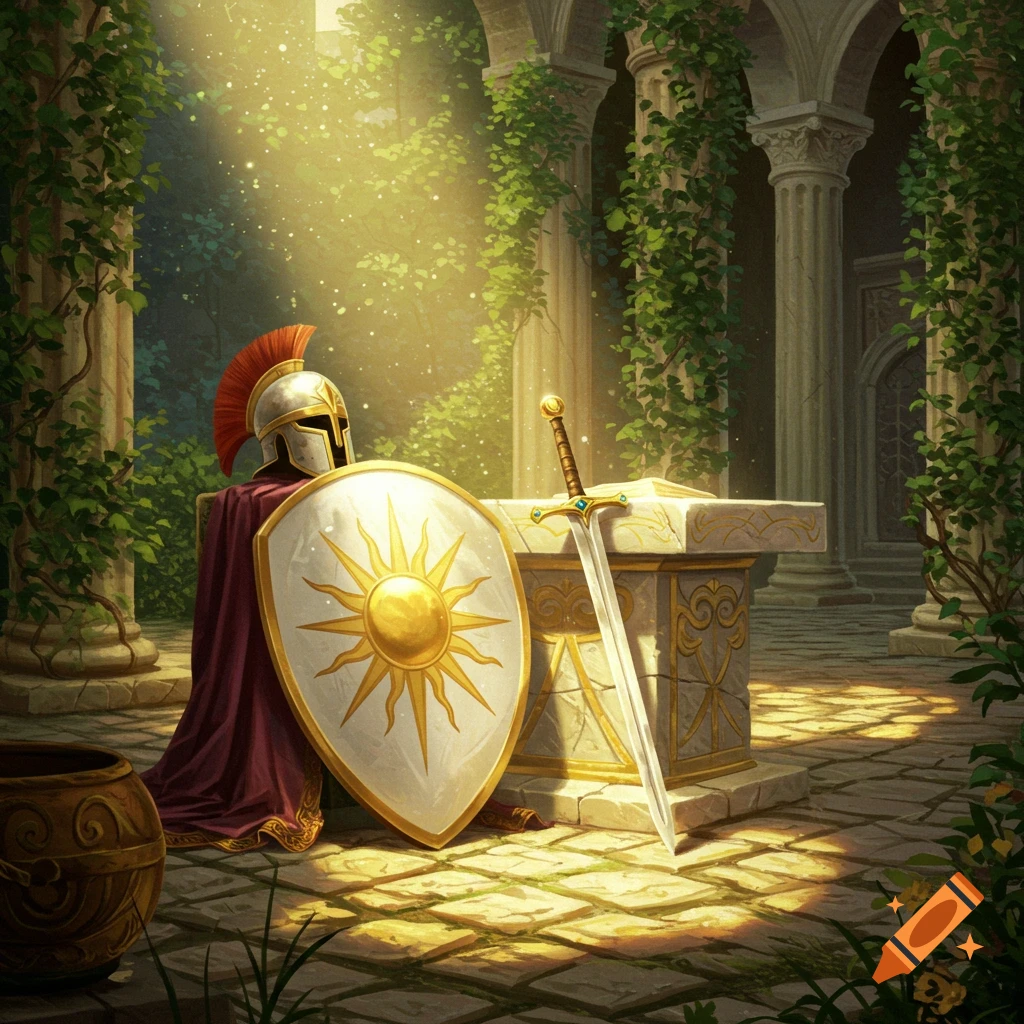 A shining helmet, shield with a sun emblem, and a sword rest on a stone pedestal in an ancient, overgrown courtyard bathed in sunlight.
