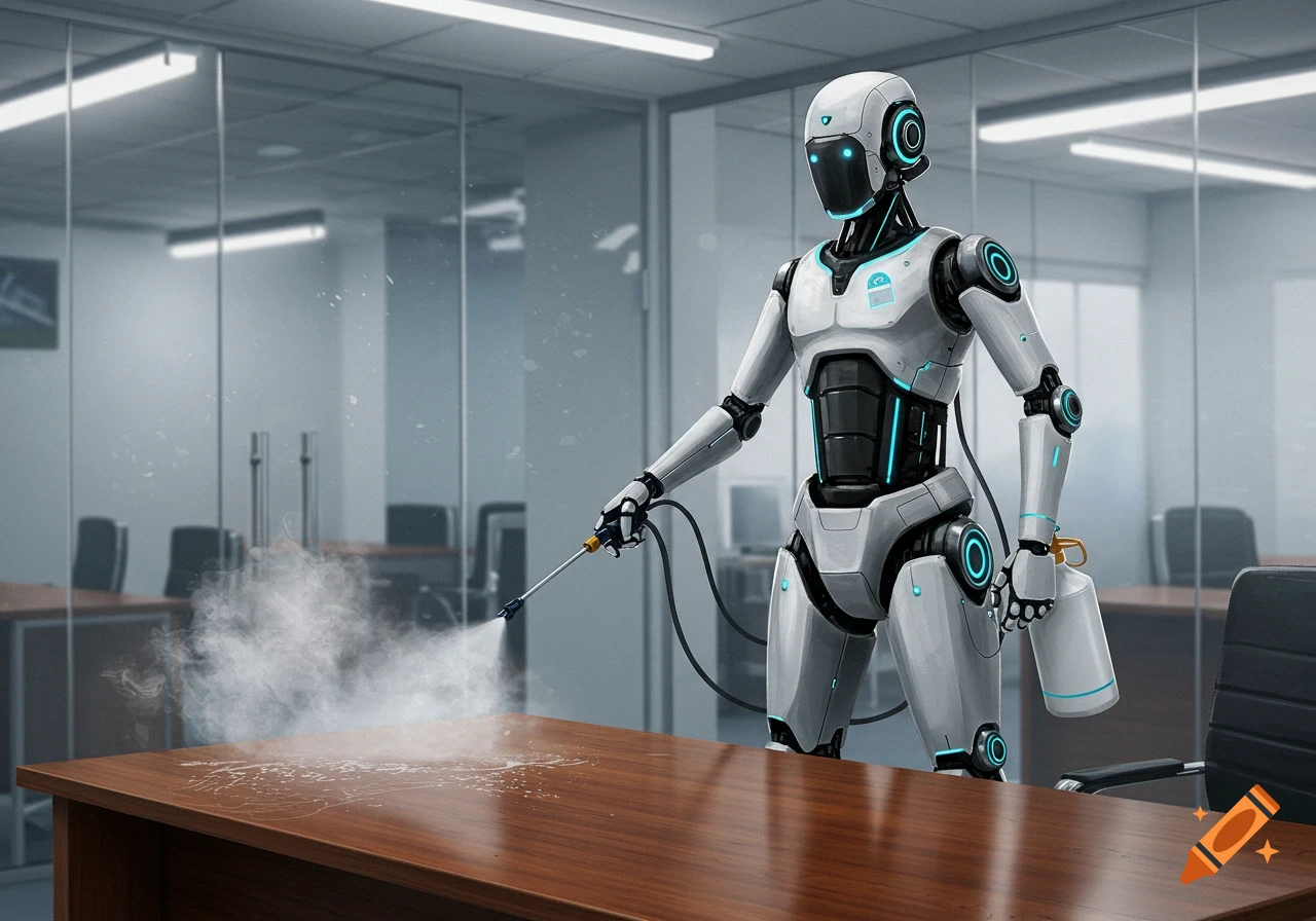 A white and black robot with glowing blue accents sprays a desk with a hose in a modern office.