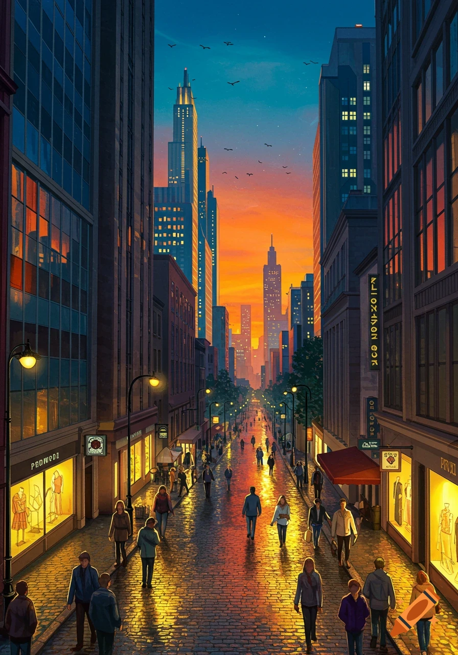 A vibrant cityscape at sunset, featuring a bustling street with pedestrians and illuminated shop windows flanked by tall buildings.