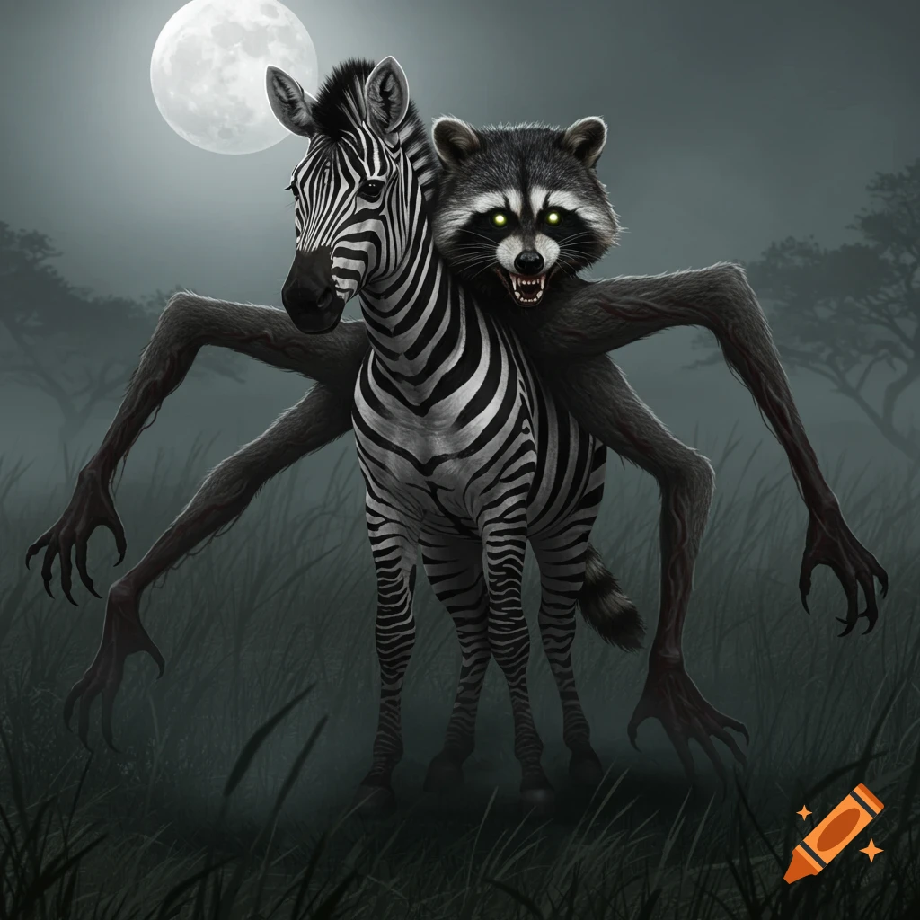 A terrifying zebra-raccoon hybrid with multiple clawed arms stands in a misty field under a full moon, its raccoon head snarling with glowing eyes.